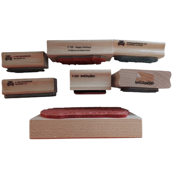 Wooden Merry Christmas Happy Holiday Rubber Stamps Lot Of 7 Assorted - Picture 6 of 7